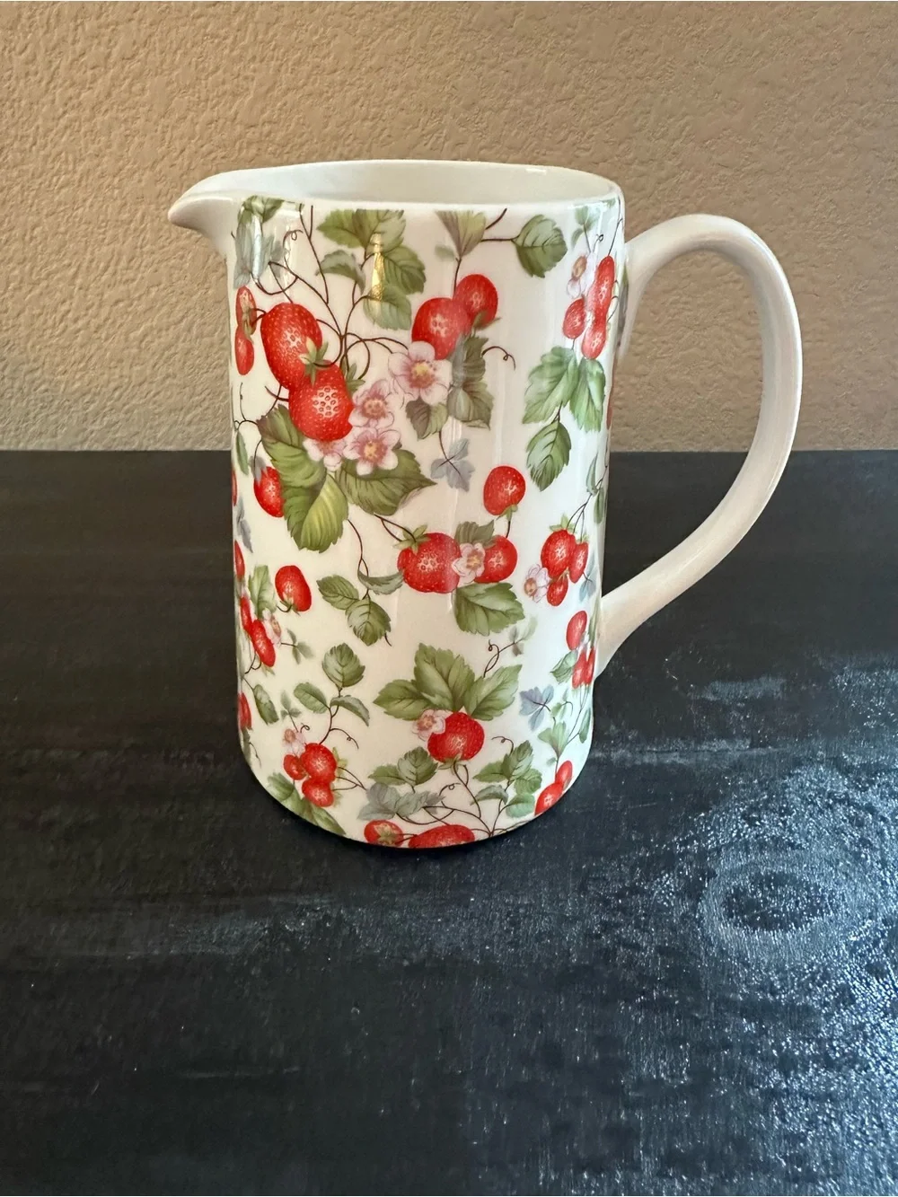 Pier 1 Grace Fine Strawberry Pattern Ceramic Pitcher in Red and Green